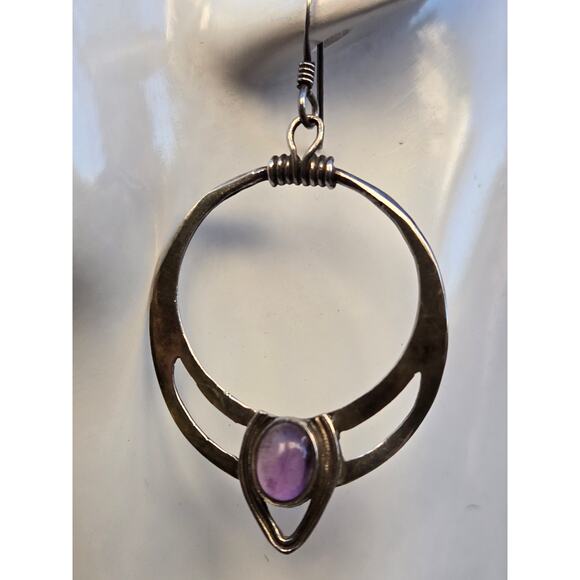 Vintage 925 Sterling Silver and Amethyst Modernist French Wire Dangle Earrings - Picture 2 of 10